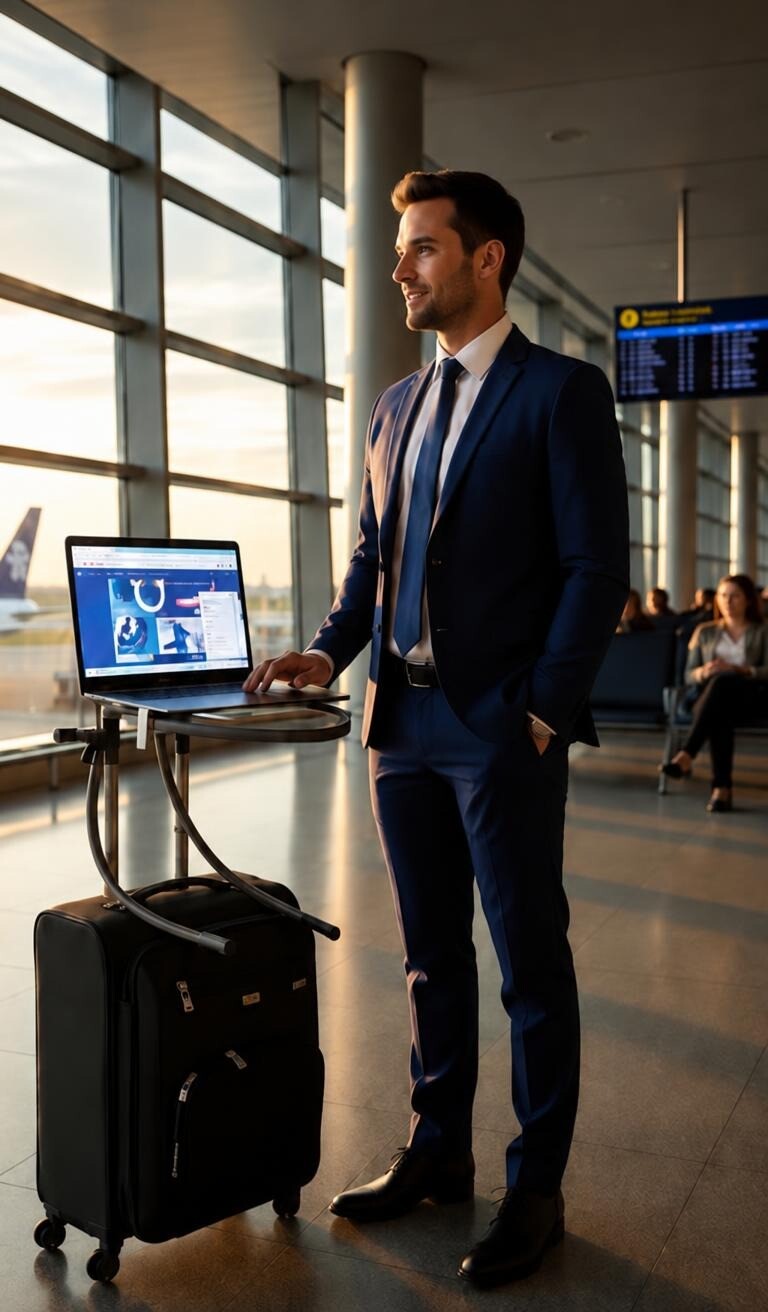 A traveler standing at an airport window, working on a laptop held by Prod-UP-tivity clipped to his rolling suitcase