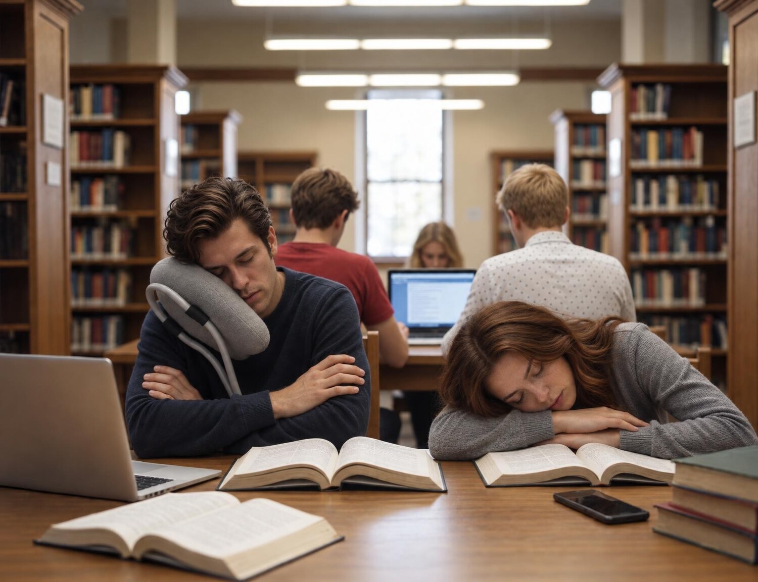 Students in a library, one napping with the Prod-UP-tivity napping station while others study